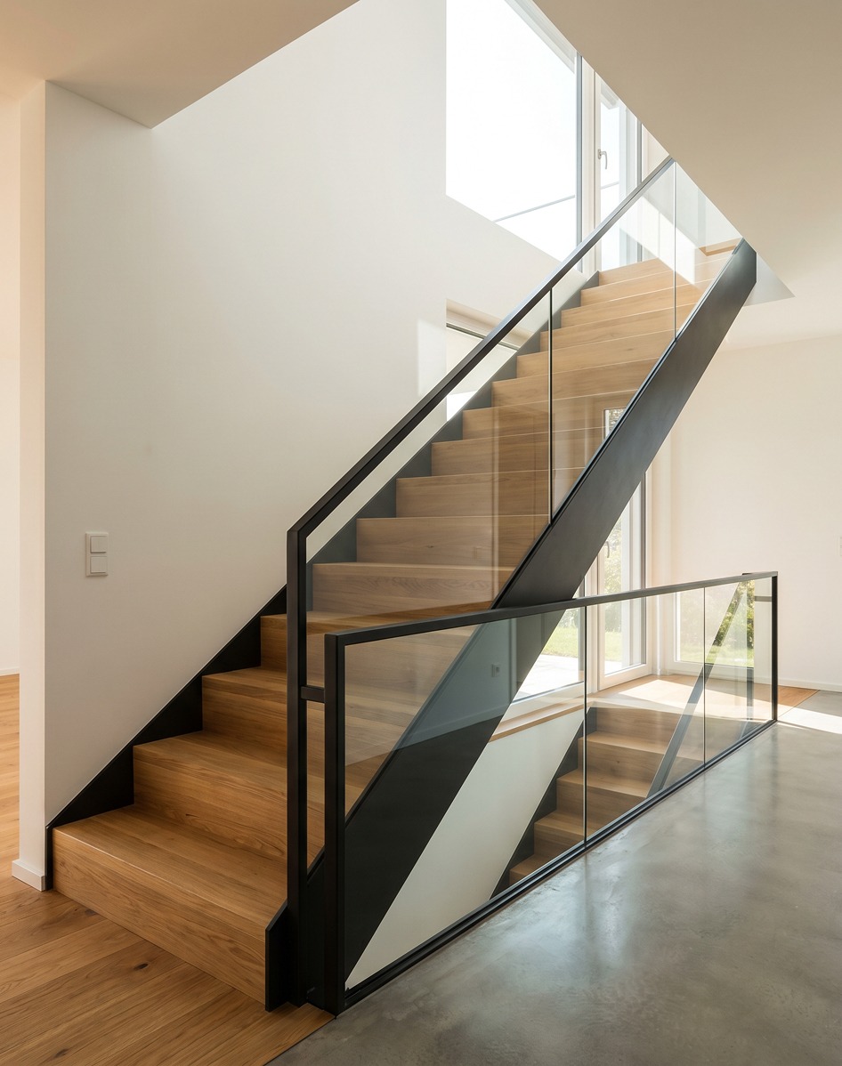 Holztreppe Regensburg – Maßgefertigte Wangentreppe Eiche mit Glasgeländer von TrendHolz Schreinerei